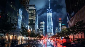 Night view of One World Trade Center. Generative AI photo