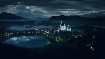 Night view of Neuschwanstein Castle. Generative AI photo