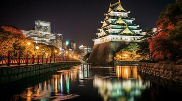 Night view of Osaka Castle. Generative AI photo