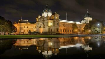 Night view of National Gallery of Victoria. Generative AI photo