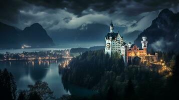 Night view of Neuschwanstein Castle. Generative AI photo