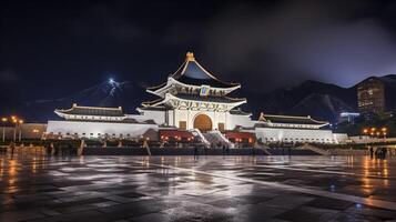 Night view of National Chiang Kai-shek Memorial Hall. Generative AI photo