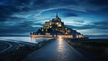 Night view of Mont Saint-Michel. Generative AI photo