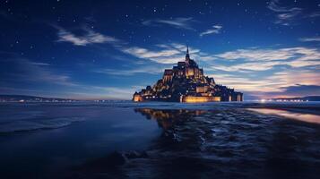 Night view of Mont Saint-Michel. Generative AI photo