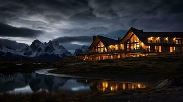 noche ver de torres del paine hotel. generativo ai foto