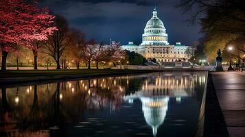 Night view of United States Capitol. Generative AI photo