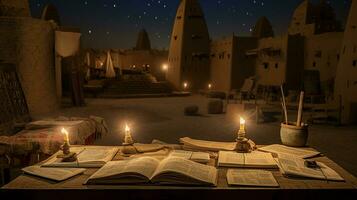 Night view of Timbuktu Manuscripts. Generative AI photo