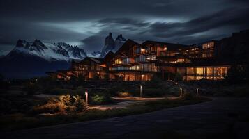 Night view of Torres del Paine Hotel. Generative AI photo