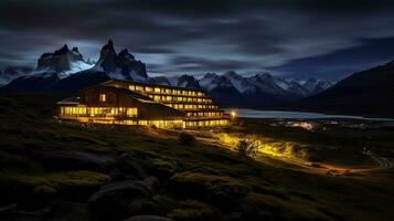 Night view of Torres del Paine Hotel. Generative AI photo
