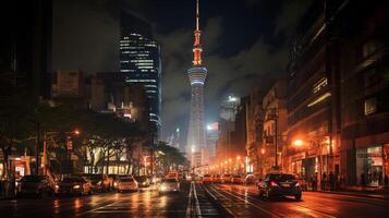 Night view of Torre Latinoamericana. Generative AI photo