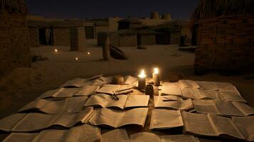 Night view of Timbuktu Manuscripts. Generative AI photo