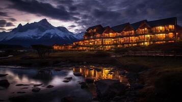 Night view of Torres del Paine Hotel. Generative AI photo