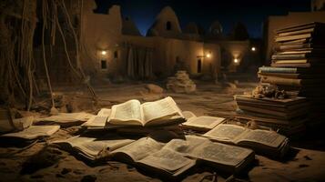 Night view of Timbuktu Manuscripts. Generative AI photo