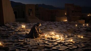 Night view of Timbuktu Manuscripts. Generative AI photo