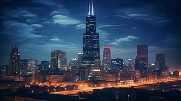 Night view of Willis Tower - formerly Sears Tower. Generative AI photo