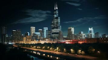 Night view of Willis Tower - formerly Sears Tower. Generative AI photo
