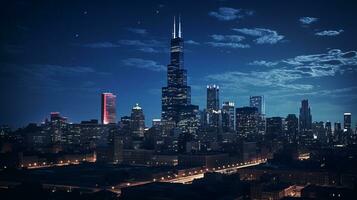 Night view of Willis Tower - formerly Sears Tower. Generative AI photo