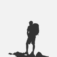 High details of hiking silhouette. Minimal symbol and logo of sport. Fit for element design, background, banner, backdrop, cover, logotype. Isolated on black background. Vector Eps 10