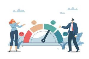 Measuring customer satisfaction scores with emotion icons, Performance ratings or user recommendations, Business man and woman checking customer feedback report. Vector design illustration.