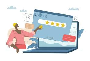 Evaluating in the best credit ratings and customer satisfaction, Performance ratings or user recommendations, Business woman checking customer feedback report in laptop. Vector design illustration.