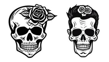 negro calaveras y rosas vector ilustración en aislado blanco fondo, colorante paginas para adultos