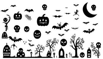 Collection of Happy Halloween silhouettes, pumpkin, bat, trees vector