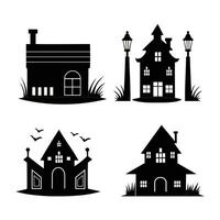 Set of black silhouette castle skyline with chapel houses trees and bats black and white vector