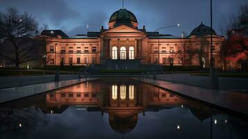 Night view of National Gallery of Victoria. Generative AI photo