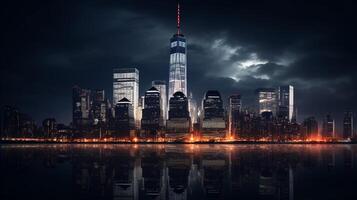 Night view of One World Trade Center. Generative AI photo