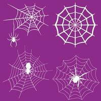 Spider web set isolated on dark background. Spooky Halloween cobwebs with spiders. Outline vector illustration