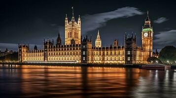 noche ver de palacio de Westminster. generativo ai foto