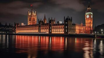 Night view of Palace of Westminster. Generative AI photo