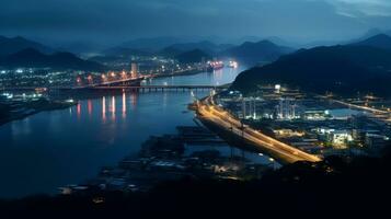 Night view of Panama Canal. Generative AI photo