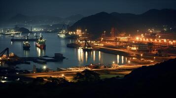 Night view of Panama Canal. Generative AI photo