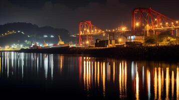 Night view of Panama Canal. Generative AI photo