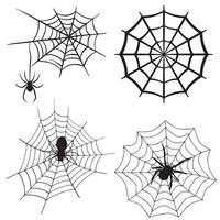 Spider web set isolated on dark background. Spooky Halloween cobwebs with spiders. Outline vector illustration