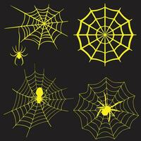 Spider web set isolated on dark background. Spooky Halloween cobwebs with spiders. Outline vector illustration