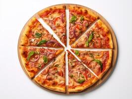 Pizza being cut into pieces on white background AI Generative photo