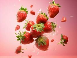 Strawberries flying on a pink background AI Generative photo