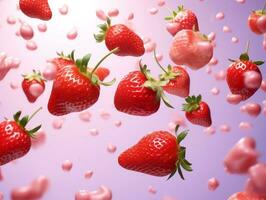 Strawberries flying on a pink background AI Generative photo