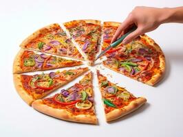 Pizza being cut into pieces on white background AI Generative photo