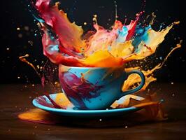 Colorful splashed in coffee cup sitting on table AI Generative photo