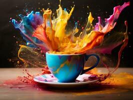 Colorful splashed in coffee cup sitting on table AI Generative photo