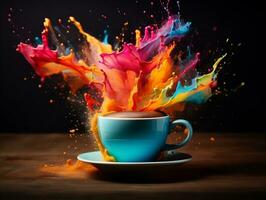 Colorful splashed in coffee cup sitting on table AI Generative photo