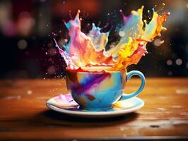 Colorful splashed in coffee cup sitting on table AI Generative photo