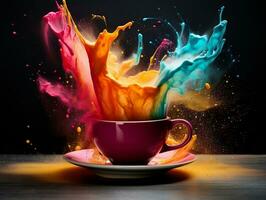 Colorful splashed in coffee cup sitting on table AI Generative photo