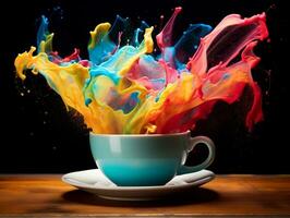 Colorful splashed in coffee cup sitting on table AI Generative photo