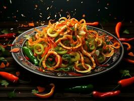 Plate of fried vegetables with peppers in it AI Generative photo