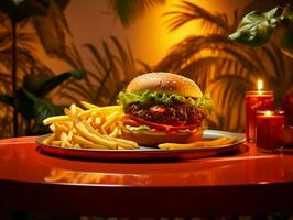 Juicy burger on hot plate with fries and tomato sauce AI Generative photo