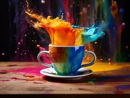Colorful splashed in coffee cup sitting on table AI Generative photo